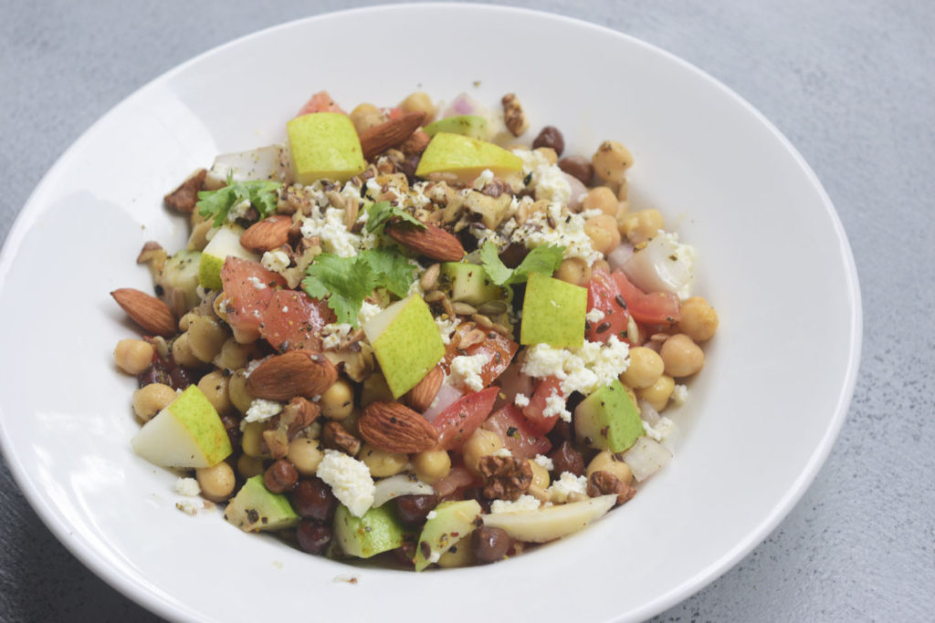 chickpea fruit and nut salad with greek dressing